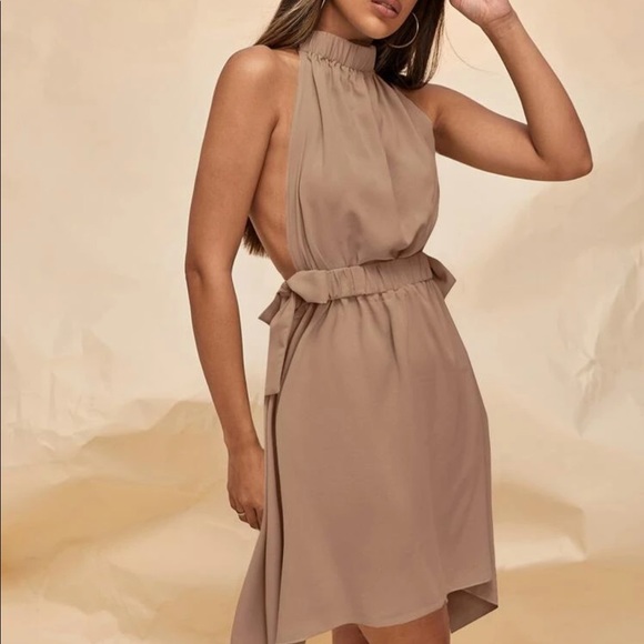 HOT! Blackless Bow Halter Cocktail Dress - Nude / Mocha - Picture 1 of 3
